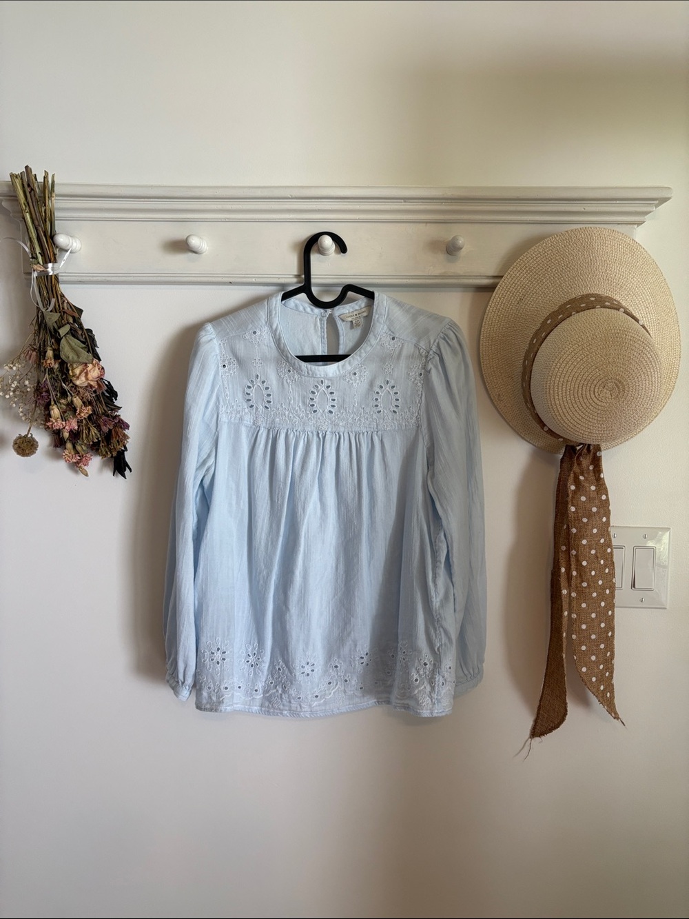 Lucky Brand Light Blue Eyelet Cotton Peasant Blouse - Women